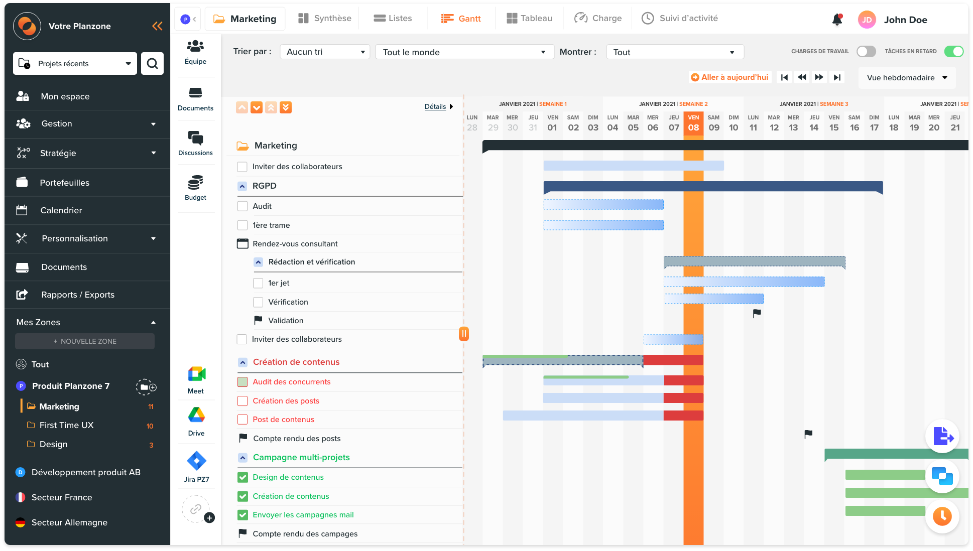 vue d'un diagramme de Gantt sur l'outil Planzone