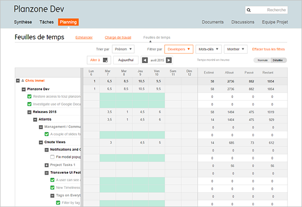 La feuille de temps dans Planzone
