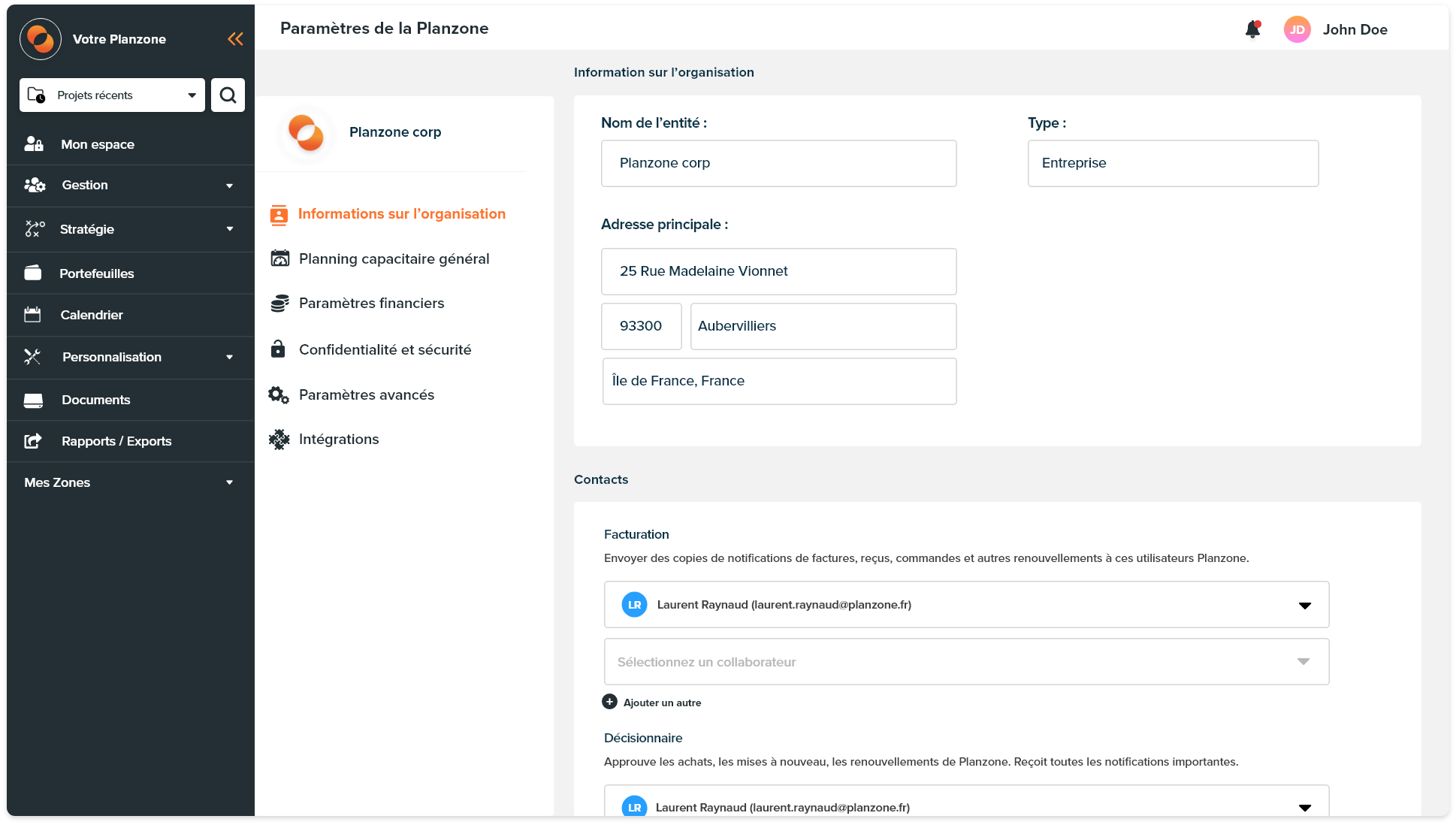 Paramètres du compte Planzone